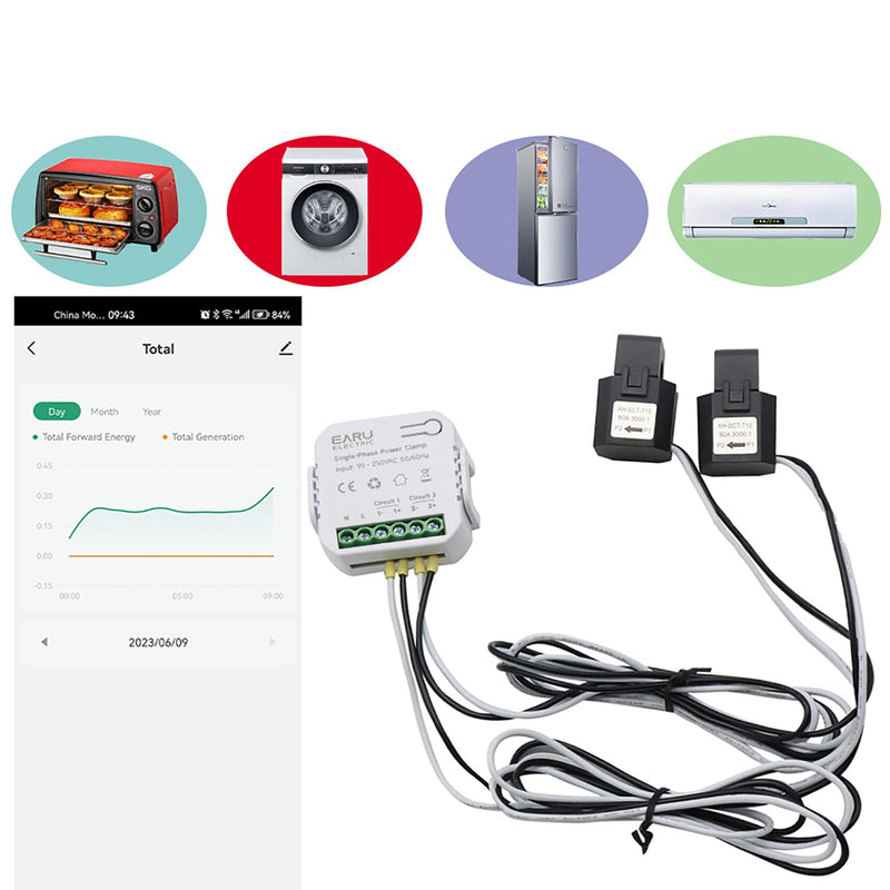 AC110V 220V 80A Tuya App Smart Two-Way Bilateral WiFi Energy Meter with 2PCS 80A CT Current Transformers Clamps Sensors KWh Power Eenrgy Electricity Consumption Monitor Meter Voltmeter Ammeter 80A(CT Diameter 10MM)