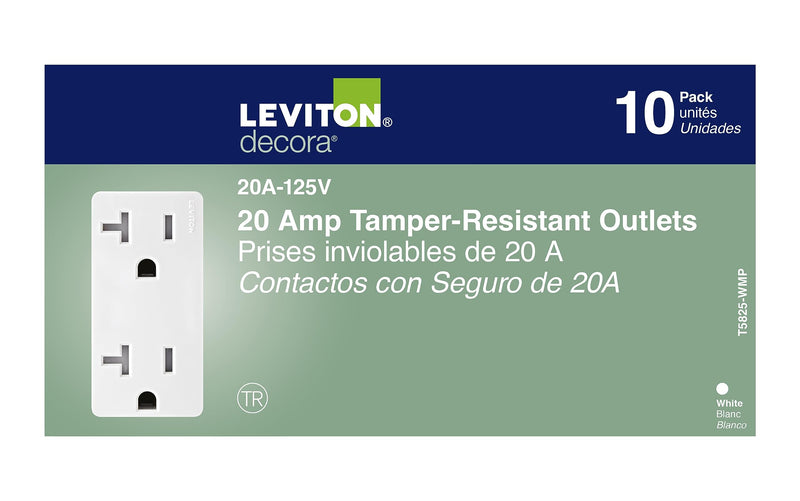 Leviton M02-T5825-Wmp 20a 125v White Decora Tamper Resistant Outlets 10 Count