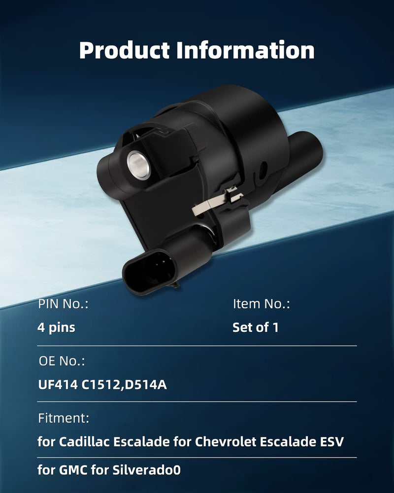 ECCPP Round Ignition Coils Pack Compatible for Chevrolet Express for Silverado for Suburban Tahoe for GMC for Sierra Savanna Yukon for Cadillac Escalade 12573190 D514A UF414 1 pcs UF414 ignition coil