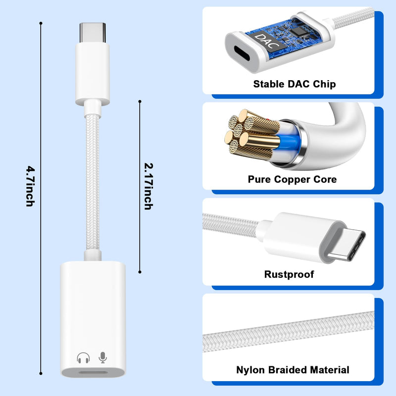 2 Pack USB C to Lightning Headphone Audio Adapter, Apple Type C Headphones | Male to Female Lightning Earphone Headphones Converter with Charge Data Transfer, for iPhone 17/16/15 Plus/Pro,iPad,MacBook White