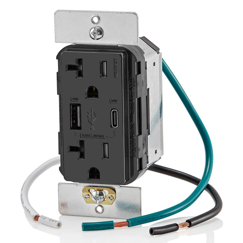 Leviton T5834-E 60W (20V@2.5A+ 5V@2A) USB Dual Type A/Type-C Power Delivery in-Wall Charger with 20A Tamper-Resistant Outlet, USB Charger for Smartphones, Tablets, Laptops, Black Type A/C 60W USB