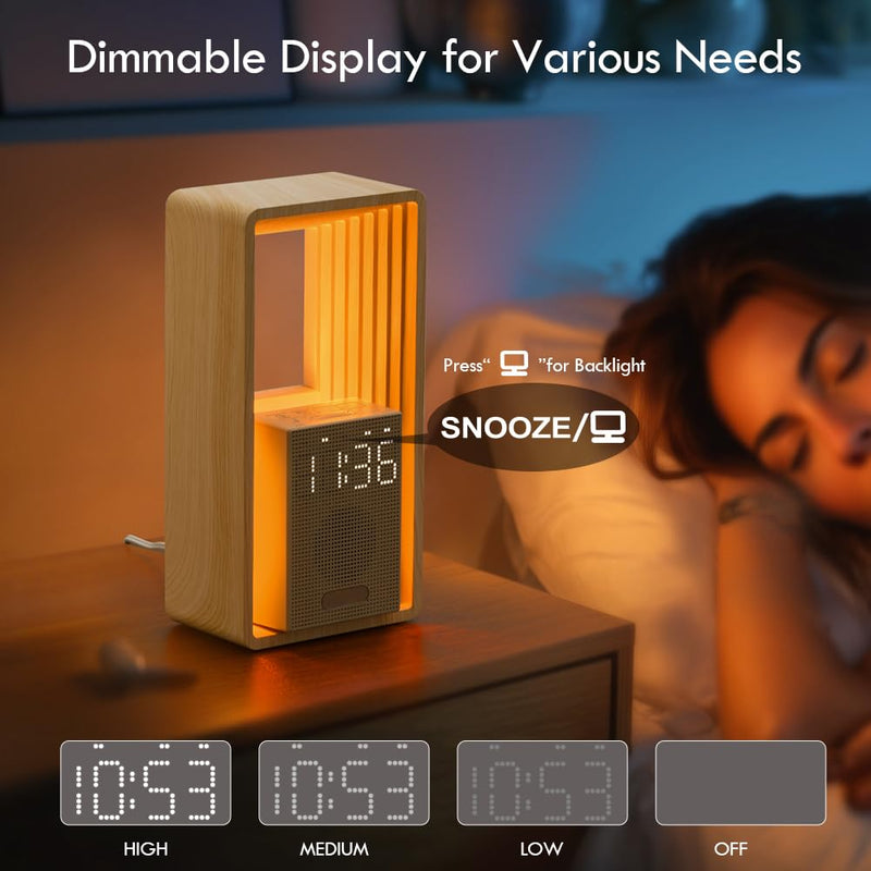 WILIT Digital Alarm Clock, Sunrise Alarm Clock with Nightlight, 9 Sleep Aid Sounds, White Noise Sounds Machine, Dimmable Display,USB Charging Port,Wood Grain Imitation,Gift for Women,Men,Travel Wood Grain
