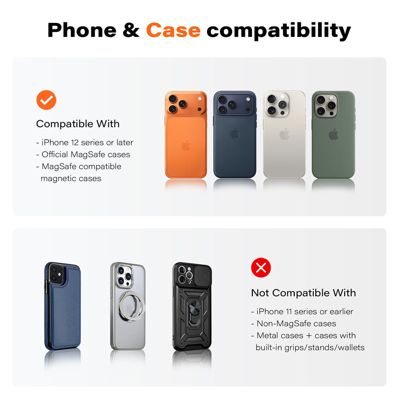 APPS2Car Magnetic Car Phone Mount - Designed Only for MagSafe iPhone 17-12 Series, Orange/Black Data Cable (Random)