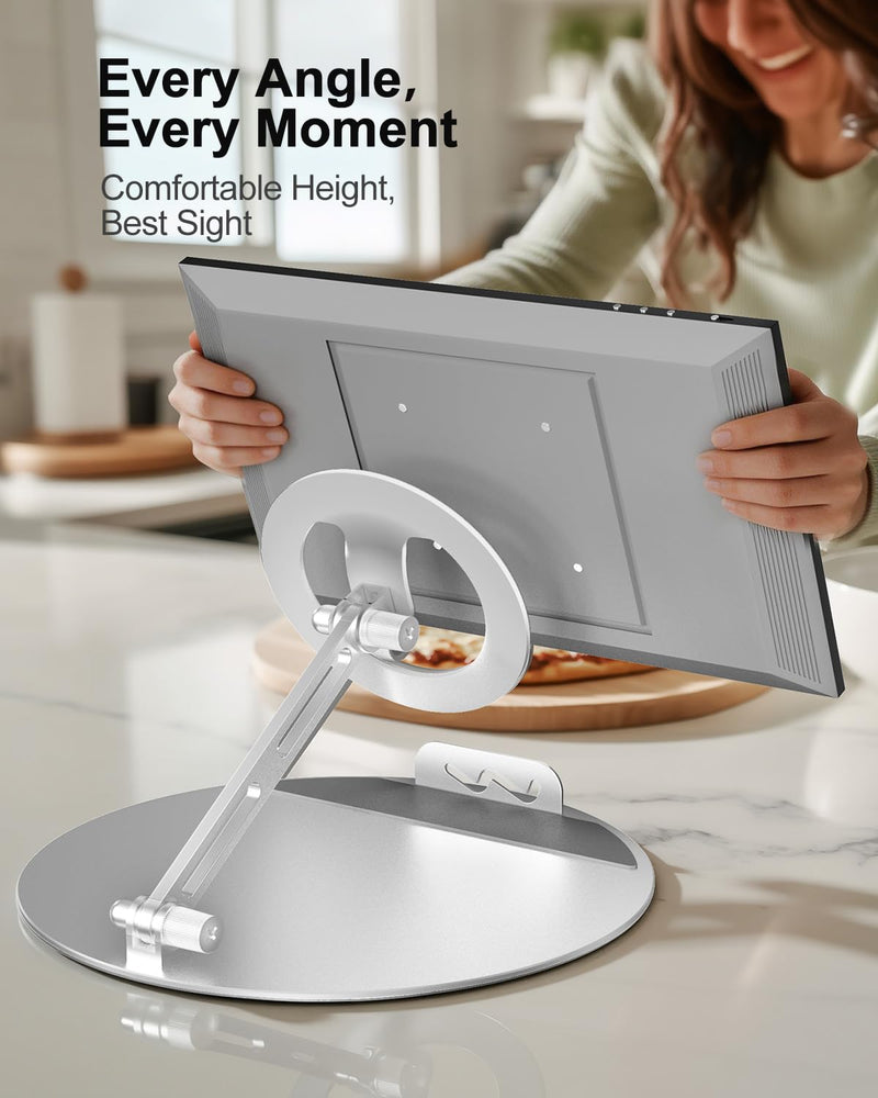 WALI Echo Show 15/21 Stand, Adjustable Stand for Echo Show 15/21 and Up to 18" Tablets/Portable Monitors, 360 Degrees Rotating Tilt Foldable Show 15, 21 Accessories for Kitchen Home Office, Silver