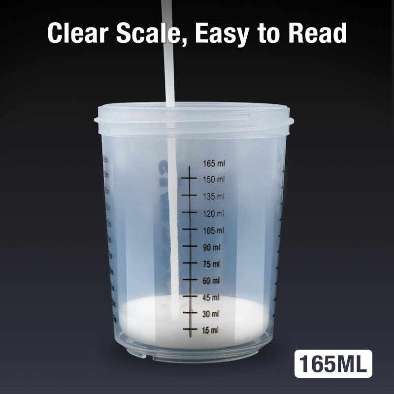 Disposable Paint Cups 6 Ounce(165ml), Mini Paint Mixing Cups with Lid and 30 Pack Paint Cup for Automotive Spray Gun, 125-Micron Filter, 2 Hard Cup with Retainer Ring, 20 Plugs, 1 Stirrer, 1 Seal Tape