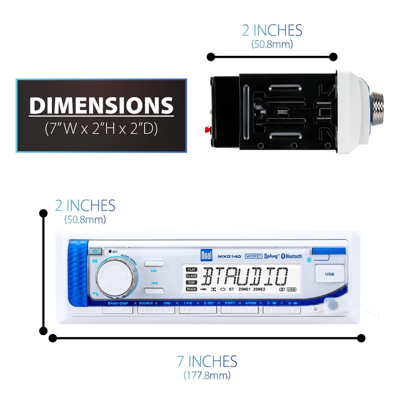 Dual Electronics MXD140 Marine Stereo with Built-in Bluetooth | Single DIN 8-Character Sunlight-Readable LCD Display | Weatherproof | AM/FM Stereo Receiver | USB Port with 2.1 A Charging | White Marine Radio