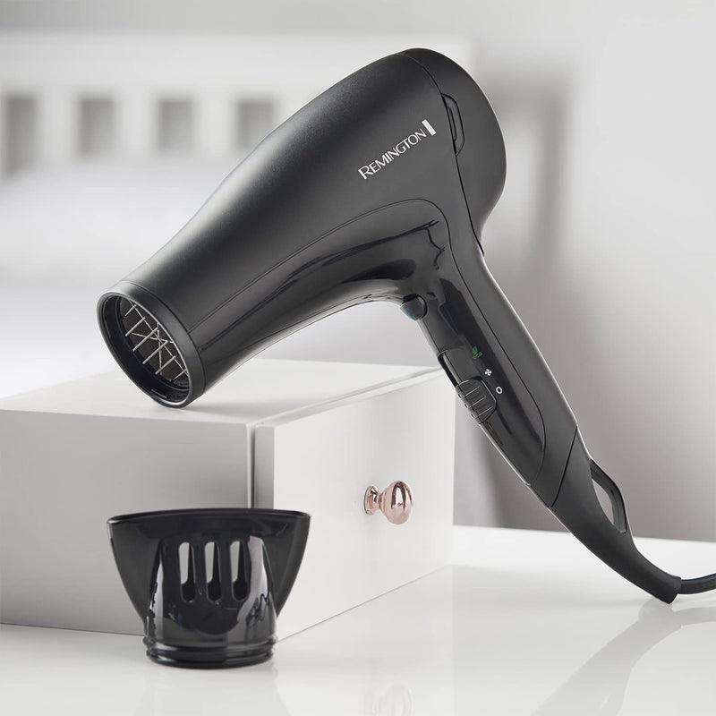 Remington D3010 Power Dry Lightweight Hair Dryer, 2000 W, Black | Three Heat and Two Speed Settings, Eco Setting, Ceramic Ionic Grille, Removable Easy-Clean Grille D3010 Remington Power Hair Dryer
