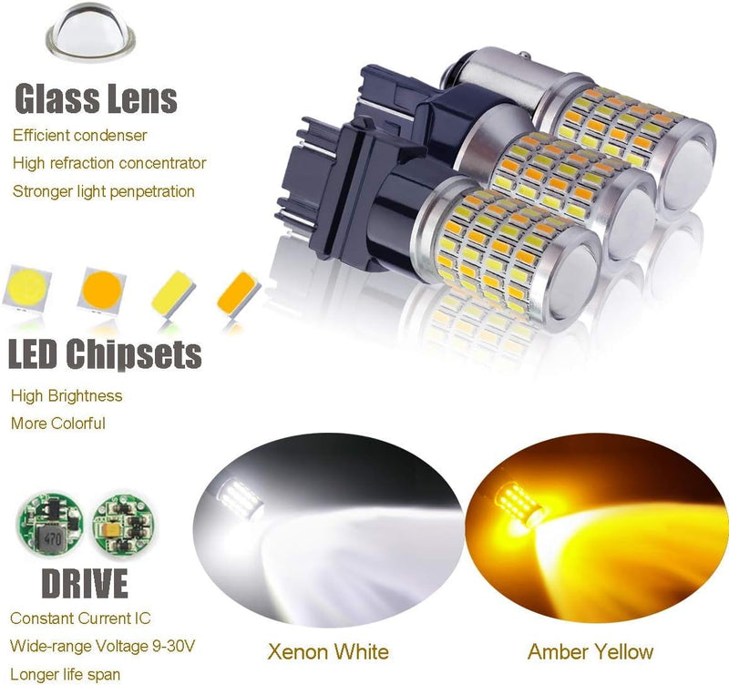 iBrightstar Super Bright 3157 4157 3155 3457 Switchback LED Bulbs with Projector Replacement for Daytime Running Lights/DRL and Turn Signal Lights, White/Amber