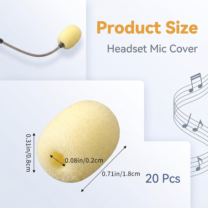 20Pcs Microphone Windscreen,Mini Size Microphone Covers Foam | Replacement Headset Microphone Covers Foam for Hole Ear-Hook Other Headset Microphones, 0.71 x 0.31 x 0.08 In (Yellow)