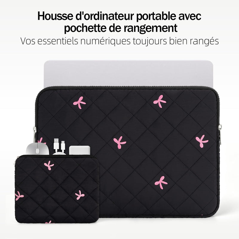 15-16 Inch Laptop Sleeve, Bow Embroidered with Pouch, Black | Quilted Shockproof Padding, Scratch-Resistant Lining, Water Resistant Fabric, Accessory Pouch, Slim for Work, School & Travel 15-16 Inch