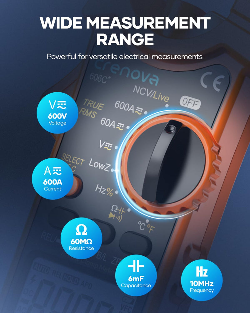 Crenova Digital Clamp Meter Multimeter 6000 Counts TRMS Voltage Tester Amp Meter for AC/DC Current/Voltage,Resistance,Capacitance,Frequency,Duty Cycle,Temperature,Continuity,Diode,NCV,Live Wire Test