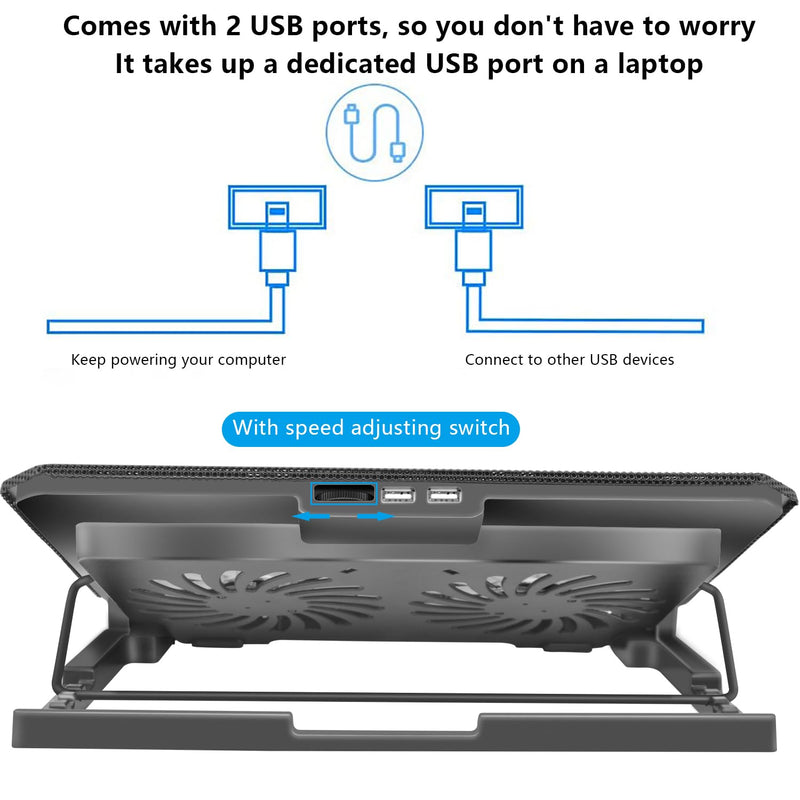 Laptop Cooling Pad, Cooler Pad Chill Mat 2 Quiet Fans LED Lights and 2 USB Ports 5 Height & with Adjustable Speed Mounts Metal Mesh Design, for 9"-17" Laptops（Black） Black