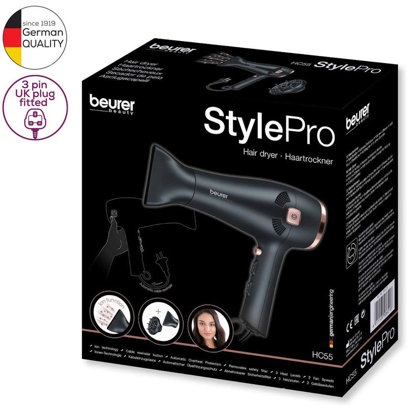 Beurer Style Pro HC55 Hair Dryer With Cable Rewind, 2000-Watt Hair Dryer With Integrated Ion Function, Slim Nozzle Attachment & Volume Diffuser Attachment, 3 Heat Settings, 2 Speed Settings- Black