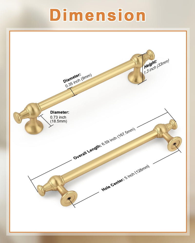 Probrico Brushed Gold Cabinet Pulls 5 Pack 5 Inch (128mm) Hole Center, Kitchen Cabinet Hardware Dresser Drawer Pulls, Gold Handles for Cabinets Bathroom Drawers Cupboard Solid