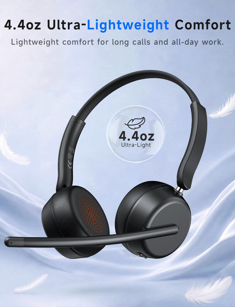 AOC Wireless Headset with Mic for Work, Bluetooth 5.4 Headphones-Dark Black | AI Noise-Canceling Mic for Clear Calls, Computer Headset with Mic Mute & USB A/C Dongle for PC, Computer, Laptop Dark Black