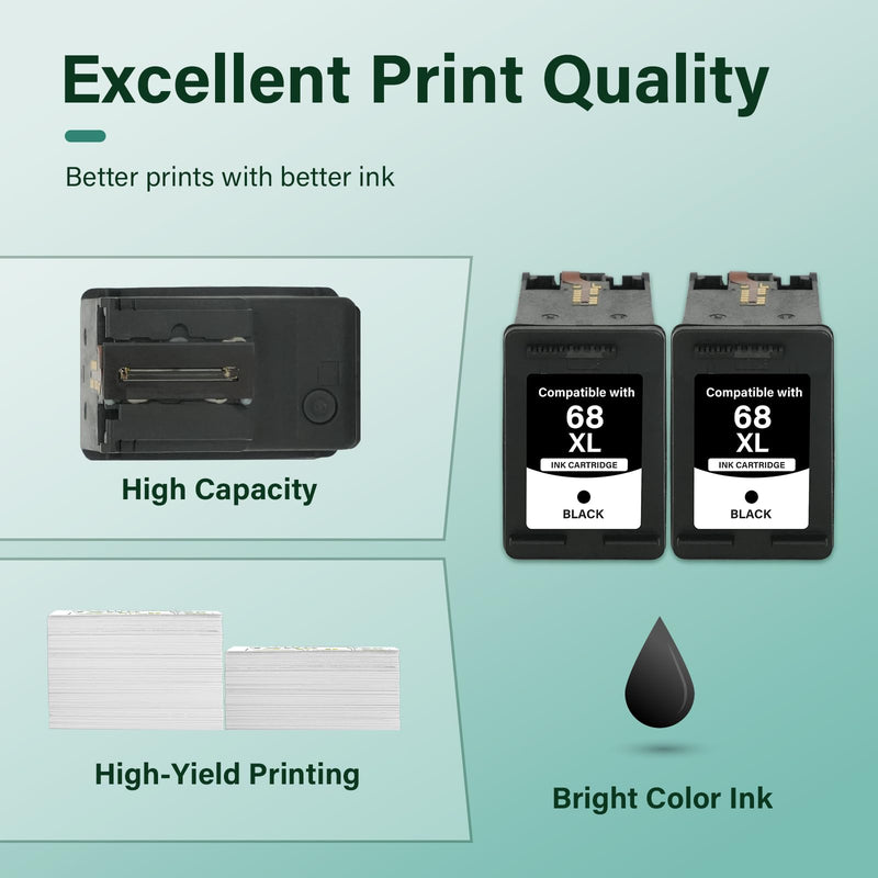 68 68XL 6155e 6555e Black Ink Cartridges for HP Printers Envy 6100e 6500e | Compatible for HP Printer Envy 6100e 6500e Series 68e Compatible with 6152e 6552e 6558e 6165e High Yield (2 Pack 2 Black) XL