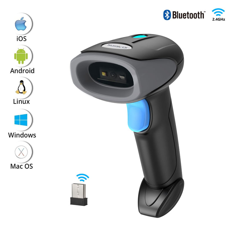 Sumicor Bluetooth Wireless Barcode Scanner with Stand, Handfrees Automatic Scanning & Manual Trigger Hand Barcode Scanner Gun, 1D 2D QR Code DM Scanner Work with Smart Phone, Tablet, PC 2D Bluetooth Wireless