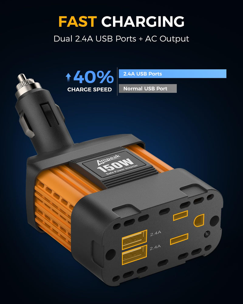 Ampeak 150W Car Power Inverter 12V DC to 120V AC Converter Plug in Adapter with 4.8A Dual USB Ports AC Outlet 11 Safe Protections Cigarette Lighter Adapter Car Laptop Phone Charger for Vehicles 150W Orange