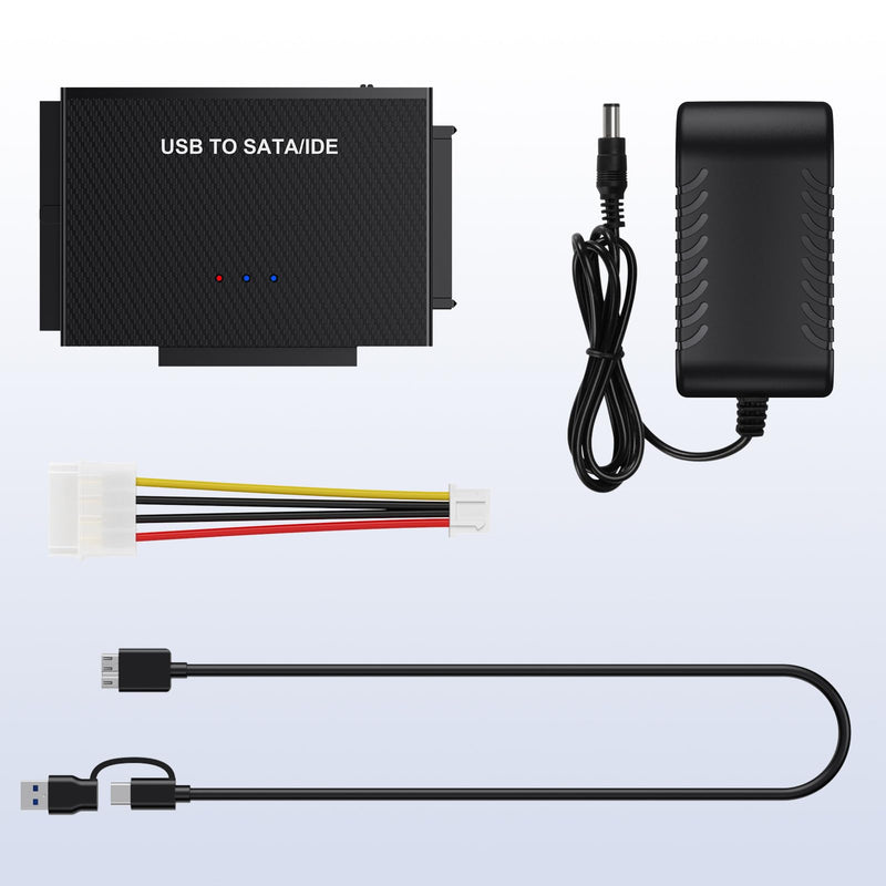 Hard Drive Reader USB 3.0 to SATA IDE Adapter，IDE SATA to USB + Type C External Hard Drive Adapter Data Recovery Converter Kit for Universal 2.5 3.5 HDD SSD Hard Drive Disk, with 12V/2A Power Adapter