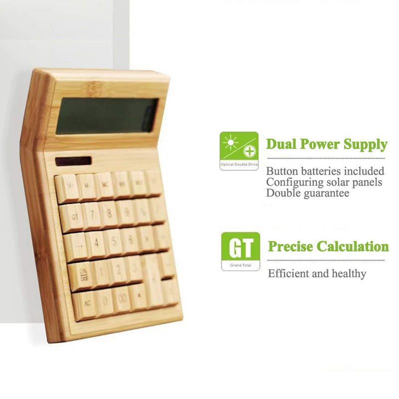 Omio Natural Bamboo Solar Multifunctional Wood Calculator - 12-Digit Large Display Desk Calculator with 29 Big Buttons for Home, Office, School, Store