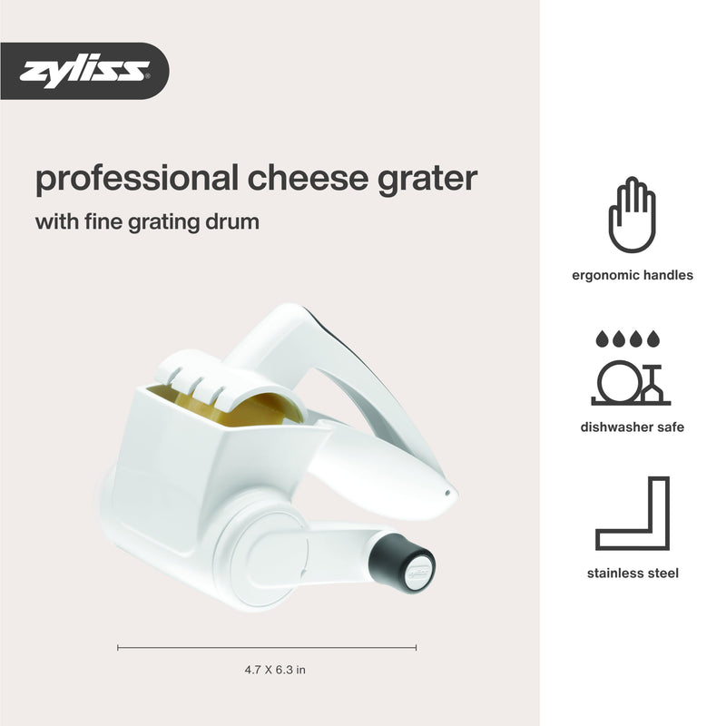 Zyliss Classic Rotary Cheese Grater - NSF Restaurant Certified Handheld Grater - Can be used for Hard Cheese, Chocolate & More - With Comfortable Handle & Easy-to-Clean Drum - White Restaurant Cheese Grater