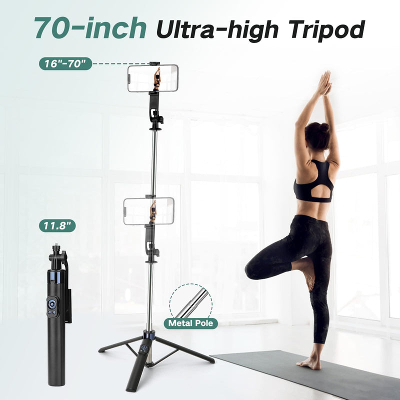 70 Inch Selfie Stick Tripod for iPhone with Remote,Extendable Selfie Stick for iPhone,Portable Travel Phone Tripod for Video Recording Live Streaming Black-A