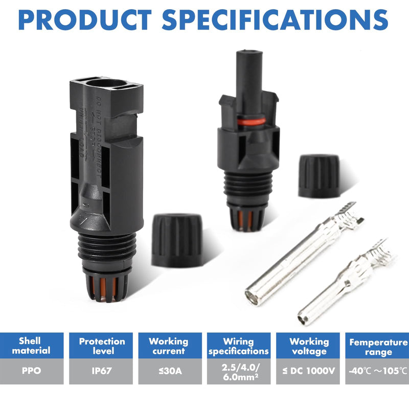 16 PCS Solar Panel Connectors, Male/Female IP67 Waterproof 1000V 30A Solar Cable Connectors (8 Pairs) with 2 Spanners（10AWG） 8 Pairs