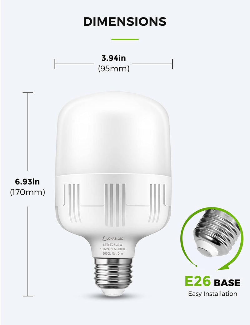 L LOHAS LED Super Bright Light Bulbs, 250-300W Equivalent 3400LM E26 Garage LED Bulb, 5000K Daylight 30 Watt High Lumen LED Bulb w/E39 Adapter for Commercial Warehouse Workshop Factory Barn, 2 Pack Daylight White
