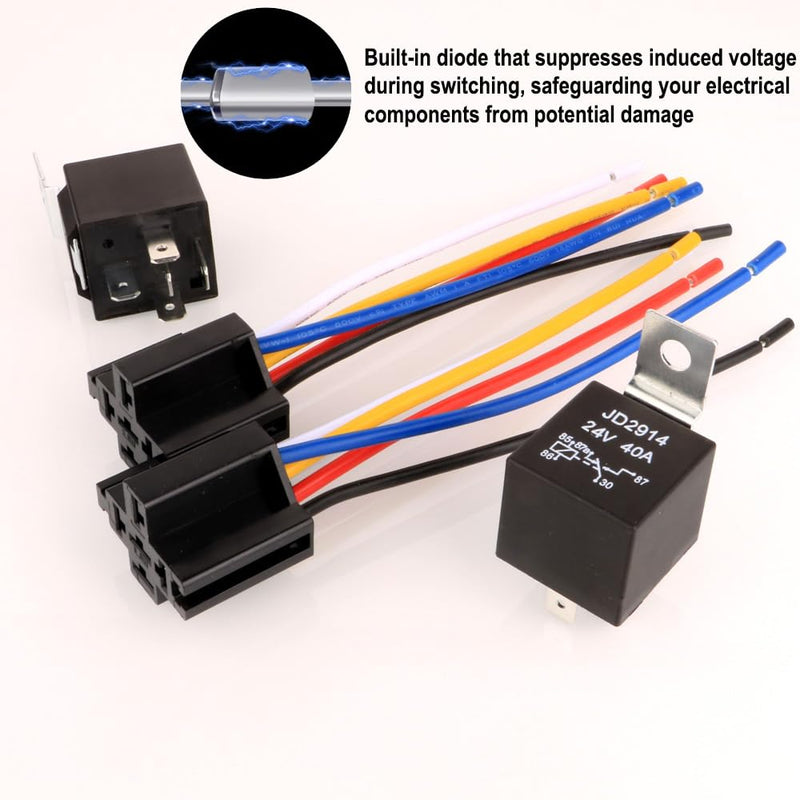2pcs JD2914 Car Relay Harness 24V 40A 4 Pin SPDT 12AWG Harness Sockets with Built-in Diode for Automotive Truck Van Motorcycle Boat 5pin-24V-2pcs