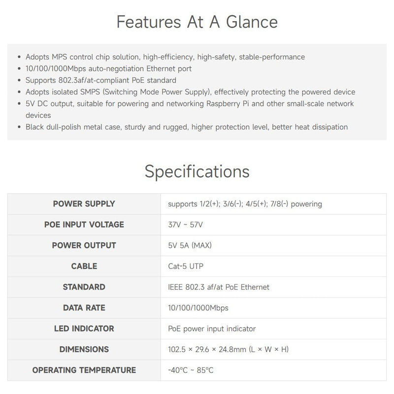 Waveshare Industrial Gigabit PoE Splitter, 5V 5A Type-C Output Port, Onboard MPS Control Chip