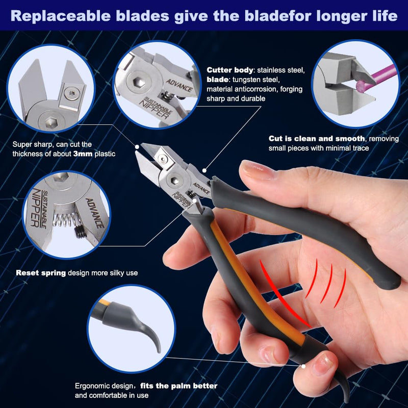Model Nippers - Model Tools for Plastic Runner, Ultra-thin Single-edged Non-slip Grip,5.1 Inch Sharp Cutters for Model Building and Reusable (Replaceable Blades), PMKJ025 Model Nipper
