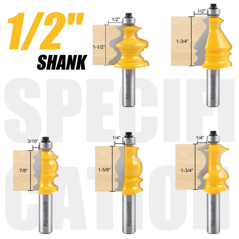 Newdeli Architectural Molding Router Bit Set 5 PCS 1/2-Inch Shank, Corner Rounding Edge-Forming Roundover Beading Router Bit Set, Woodworking Milling Cutter Tools, Carbide Cutter CNC Router 5Pcs Architectural Molding Router Bit Set