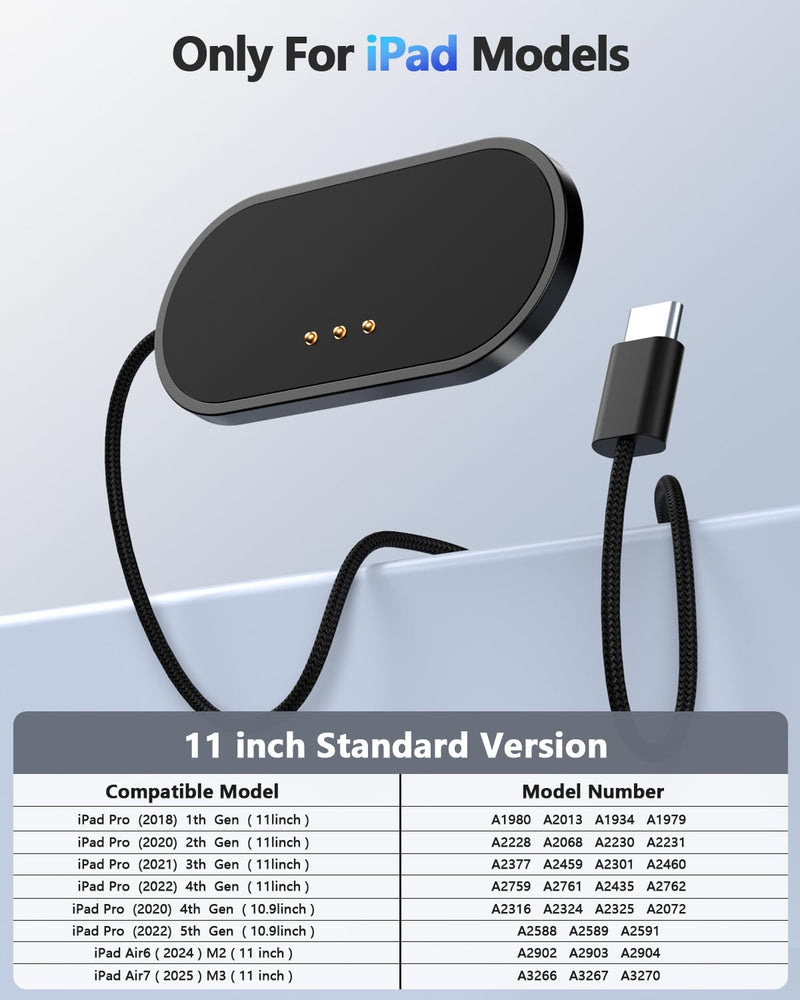 Magnetic Wireless Charger for iPad Pro 11 (1st/2nd/3rd/4th) & iPad Air 11 (M2/M3) & iPad Air 10.9 (4t, 27W Fast Charging Smart Connector Alloy Wireless Charging Pad with USB-C Cord Cable 11inch 1st-4th Gen