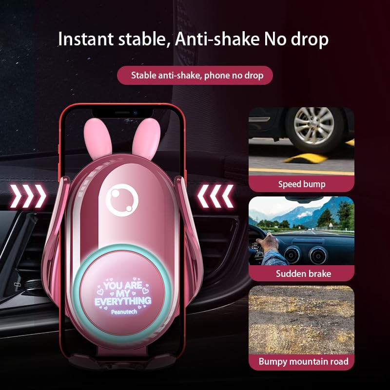 Auto Clamp Wireless Charging Car Mount, Pink Cute Rabbit Car Phone Holder | Automatic Clamp Cell Phone Mount, Hands-Free Fast Charger Cradle for Vehicle Pink Rabbit