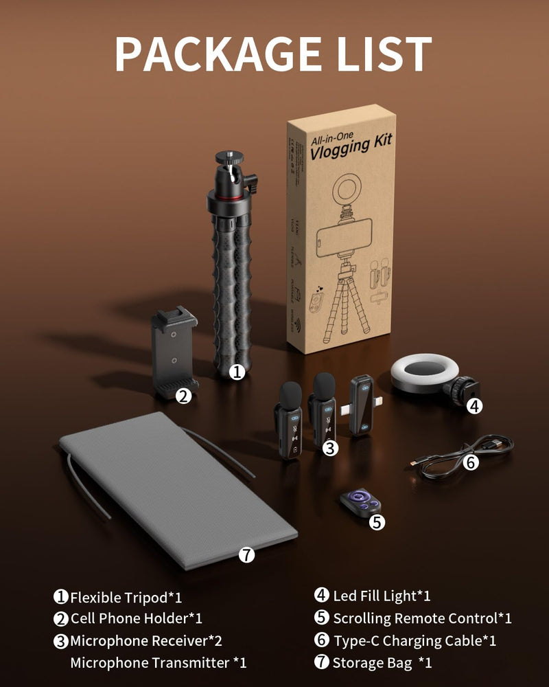 Vlogging Kit for iPhone/Android, 9" Flexible Tripod for iPhone with Light, Wireless Remote & Microphone, Adjustable Content Creator YouTube Starter Kit for TikTok/Recording/Live Streaming