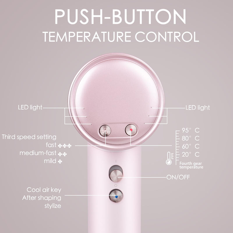 Hair Dryer 200 Million Negative Ionic Hairdryer,3 Speed 4 Heat Setting,110, 000 RPM High Speed Brushless Motor Blow Dryer，with Magnetic Nozzle，51dB Low Noise Travel Hairdryers for Women and Men (Pink) Pink