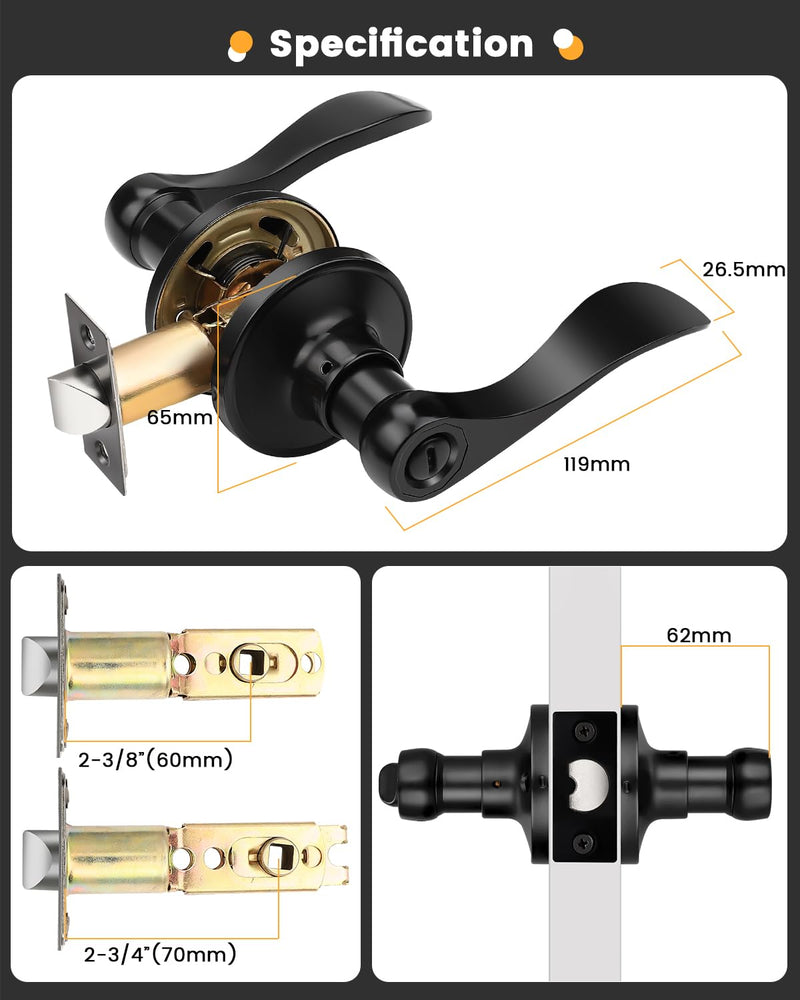 Gobrico Matte Black 1 Pack Privacy Door Handle, Interior Keyless Lever for Bedroom Bathroom, Reversible Wave/Drop Style Door Knob