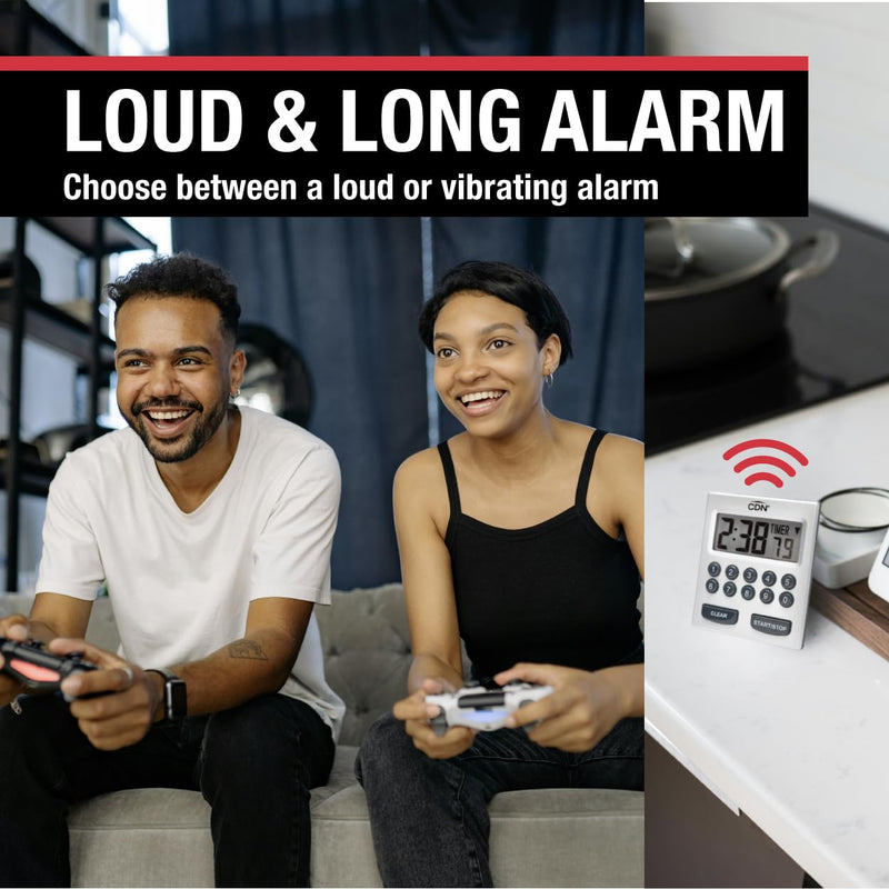 CDN Direct Entry 2- Alarm Digital Kitchen Timer | Counts Up & Down, 10 Hours by Hours, Minutes & Seconds, Big Digit, Loud & Long Audio/Vibrate Alarm, Stand, Hang, Magnet Mounting - TM30