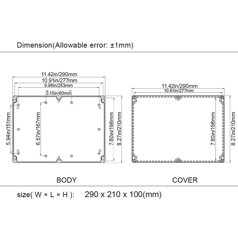 LeMotech Project Box ABS Plastic IP65 Waterproof Dustproof Electrical Junction Box Outdoor Enclosure for Electronics Black 11.41" x 8.26" x 3.93" (290 x 210 x 100mm) 11.41" x 8.26" x 3.93" Black (1 pack)