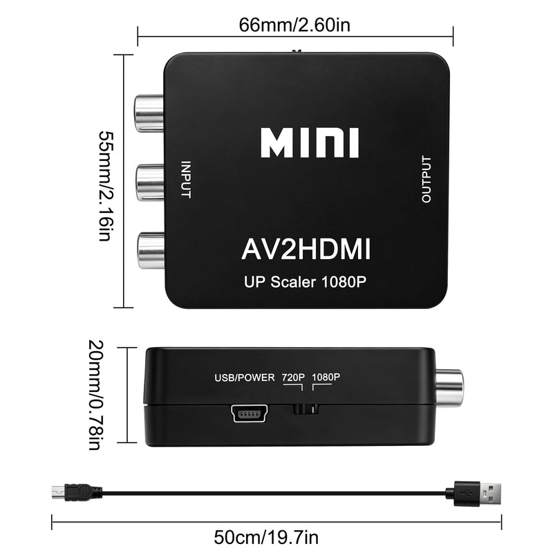 MEIRIYFA RCA to HDMI Converter Adapter with USB Power Cable | 1080P AV to HDMI Adapter Uni-Direction, Support PAL/NTSC, for PC Laptop TV VHS VCR DVD (Black)