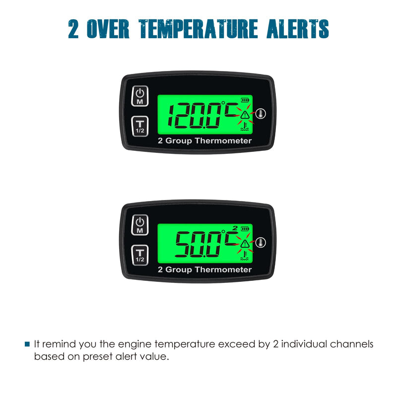 Runleader Digital LCD Engine Temp Gauge,Dual Temperature Record,Backlight Display,User Shutdown,Battery & External Power Supply for Generator Motorcycle Dirtbike ATV Outboard Motor Marine Snowmobile