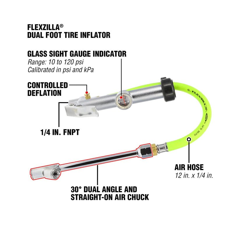  [AUSTRALIA] - Flexzilla Dual Foot Tire Inflator with 12" Hose Glass Sight Gauge (10 to 120 psi)