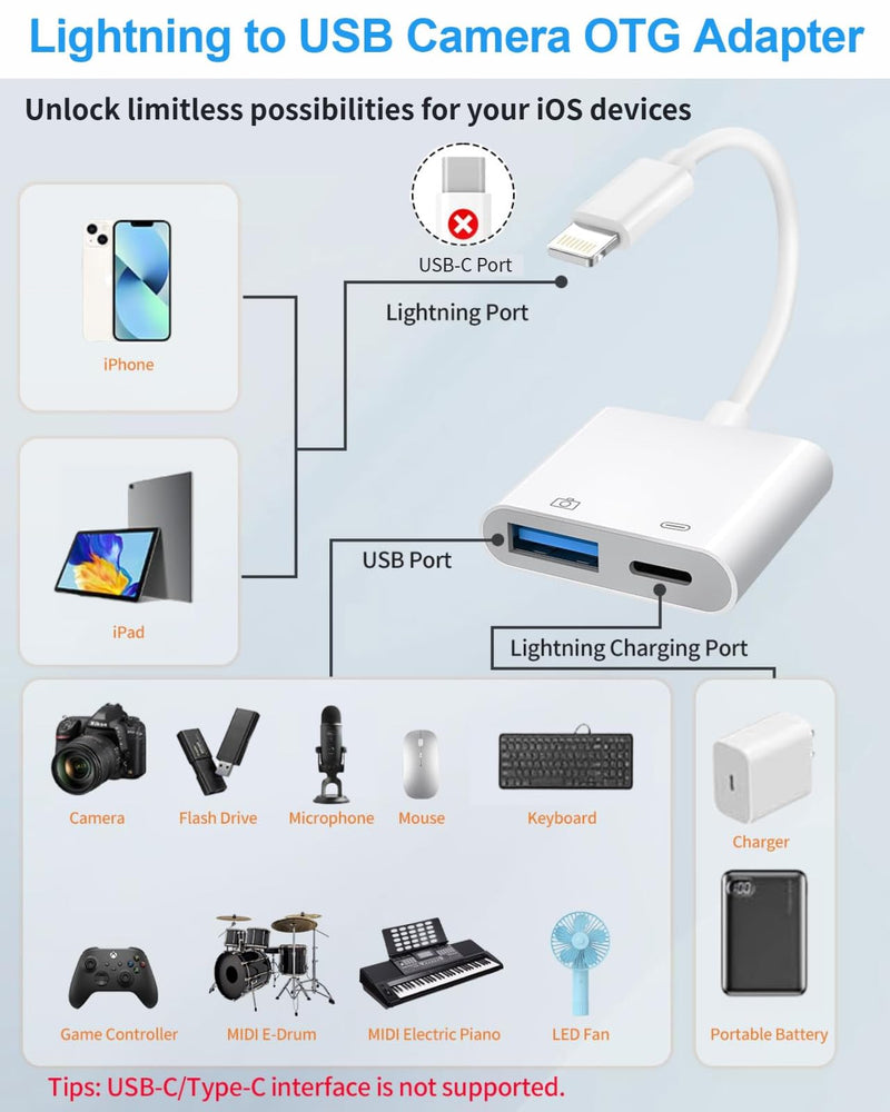Apple Lightning to USB Camera Adapter with Charging Port for iPhone | MFi Certified USB 3.0 Female OTG Adapter Compatible with iPad, Support SD Card Reader, USB Flash Drive, Keyboard, Mice, Mouse