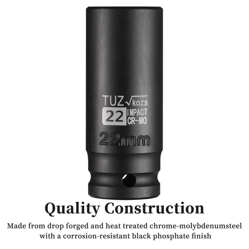 1/2-Inch Drive 22mm Deep Impact Socket with 6-Point Design, Heat-Treated Chrome Molybdenum Alloy Steel, Metric, Hex Deep Socket 1/2” Drive 22mm Deep 1/2” Drive Deep Socket