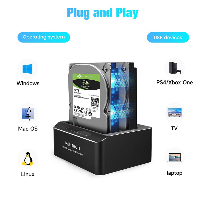RSHTECH USB-C/USB 3.0 to SATA Dual Bay Hard Drive Docking Station Aluminum | External Hard Drive Dock Reader for 2.5/3.5 inch HDD SSD, with USB-C/A Cable, Support Offline Clone, UASP, 2x22TB, RSH-DS01C