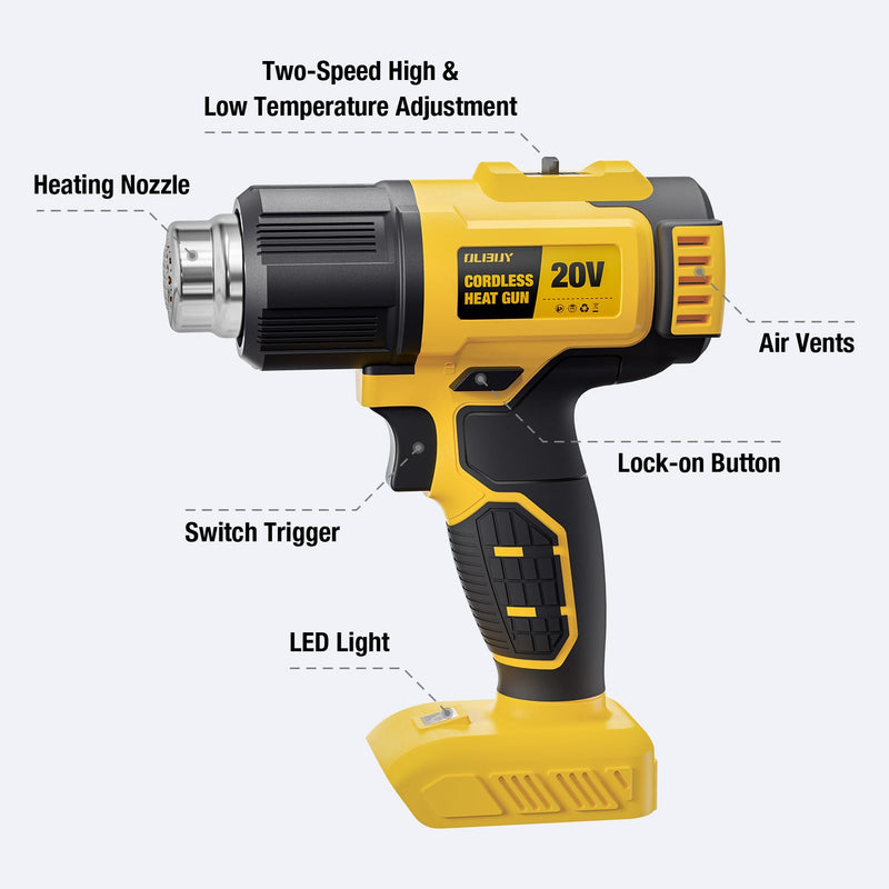 Cordless Heat Gun for De-WALT 20V MAX Battery, 7Pcs Nozzles&Scraper, LED Light, 350W Fast Heating Soldering Hot Air Gun, 2-Temp Setting Max 990℉(532℃), Heat gun for Shrink Tubing, Crafts (Tool Only) Yellow (Battery and Charger Not Included)