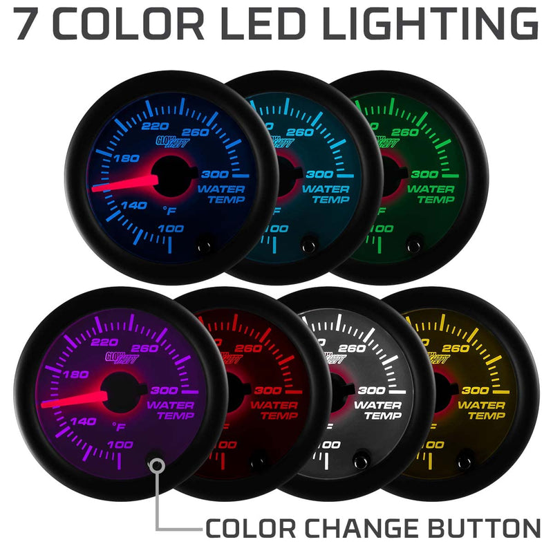 GlowShift White 7 Color 300 F Water Coolant Temperature Gauge Kit - Includes Electronic Sensor - White Dial - Clear Lens - for Car & Truck - 2-1/16" 52mm