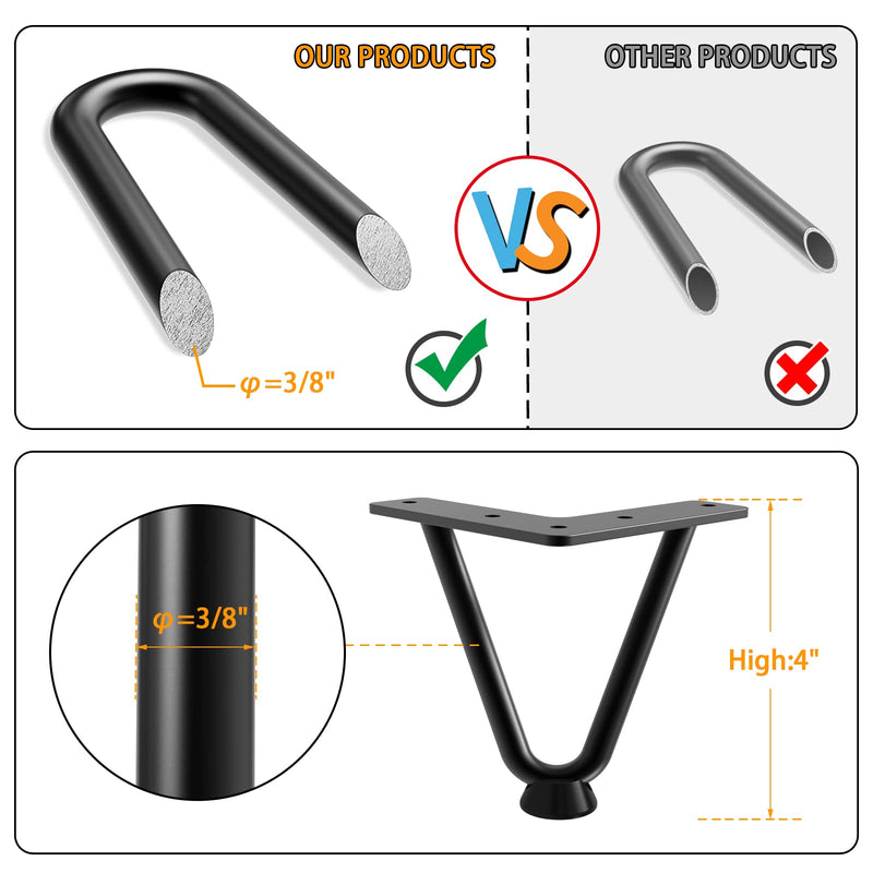 Signstek 4 Inch/10cm Hairpin, Heavy Duty Metal Table With Screws for Furniture, Black Two-Rod Iron Wire for DIY Coffee Chair 4 inch V-shape(10cm)