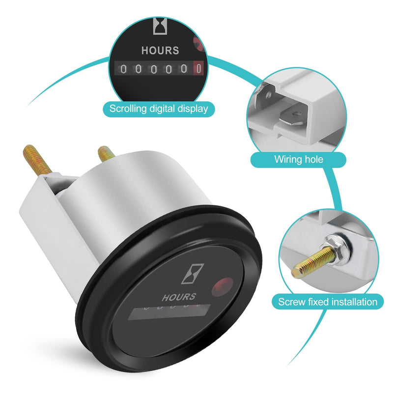 Hour Meter, 12-36V DC/AC Quartz Hourmeter Gauge, Mechanical Hourmeter for Boat Marine Auto ATV UTV Snowmobile Lawn Tractors Generators Engine