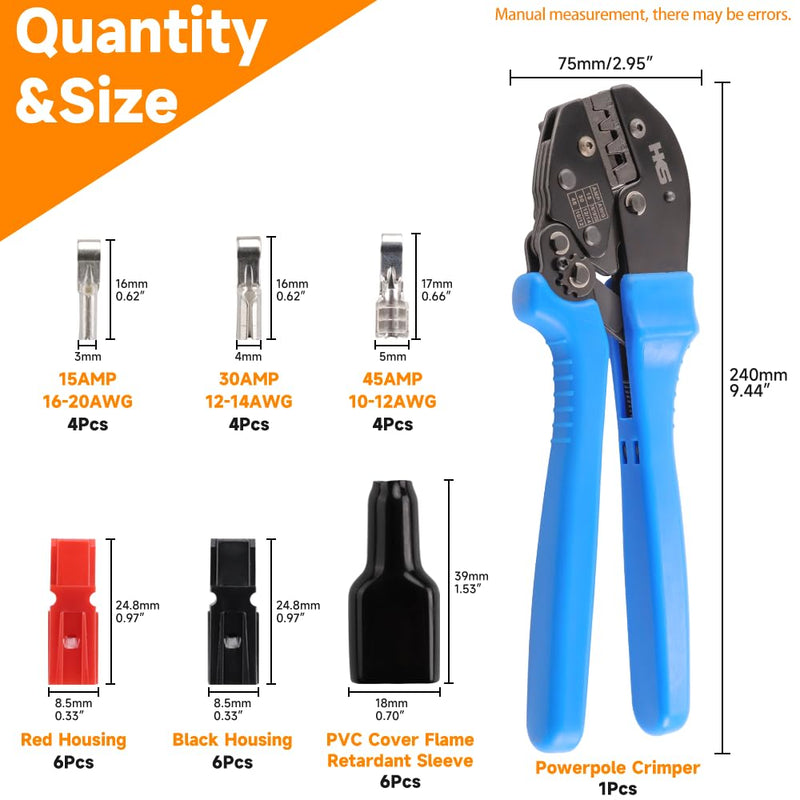 HKS Ratchet Powerpole Crimping Tool 31Pcs Kit with 15A 30A 45A Power Connectors and Caps, Crimper with Build-in Orientation Block AP-15 Crimper + 31PCS Kit